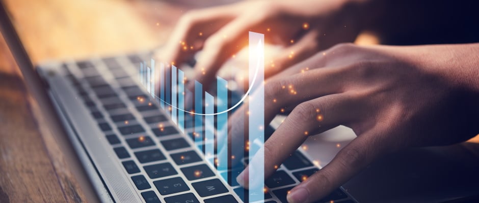 Businesswoman use laptop ,analytics and financial and bank technology concept, chart from computer laptop,Business growth concept