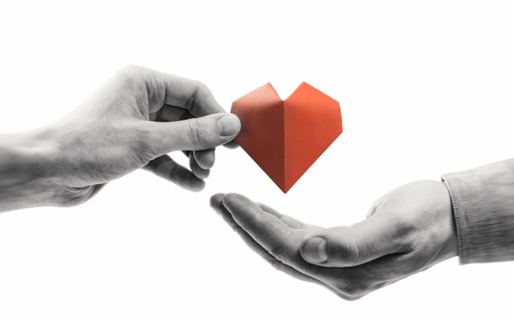 Red heart in woman and man hands. Black and white image on isolated white background. Concept of love,  giving gifts, donorship.