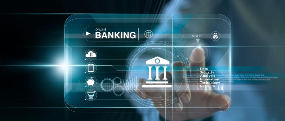 Businessman touching icon online banking and icon network connection, online payments, shopping and digital technology business on virtual screen dark blue background