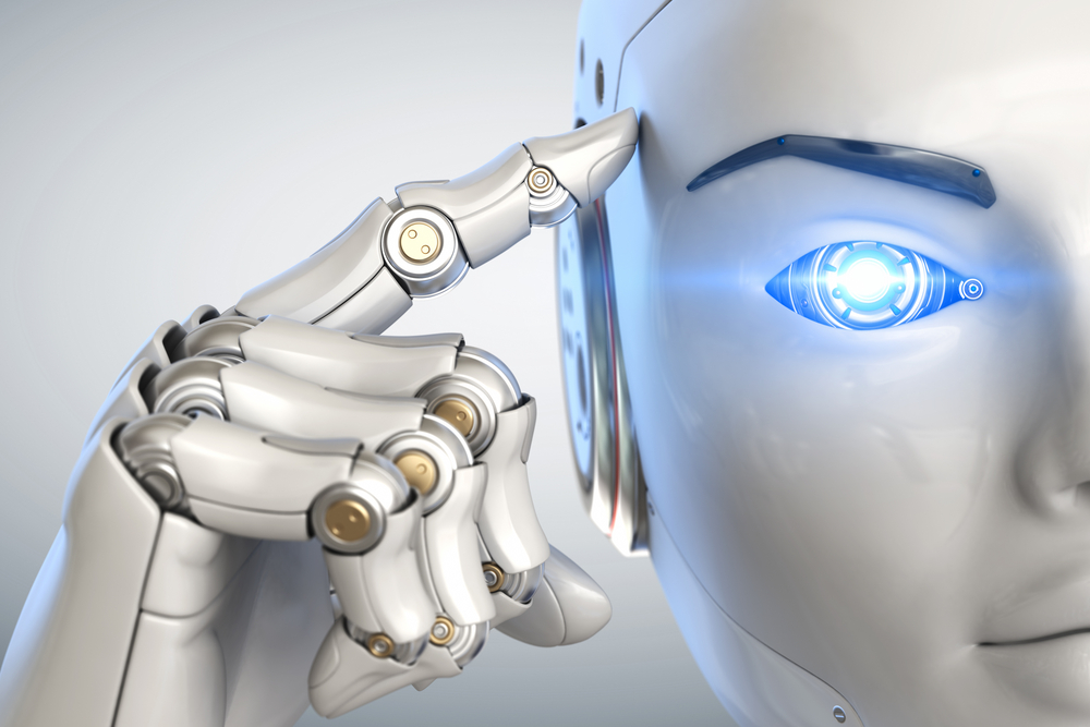Robot,Holds,A,Finger,Near,The,Head.,3d,Illustration