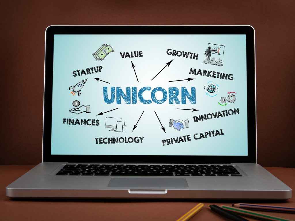 Unicorn,,Business,Concept.,Laptops,On,A,Brown,Background.
