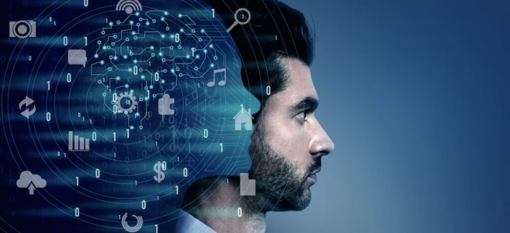 Homem olhando de perfil em um plano de fundo azul, atrás dele, um especto de uma inteligencia artificial projetando dados.