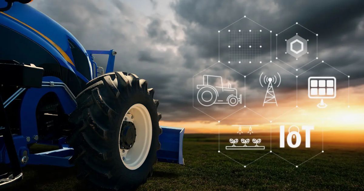 A imagem mostra um trator azul em um campo aberto ao pôr do sol, com um céu nublado ao fundo. Sobre a cena, há elementos gráficos representando a tecnologia IoT (Internet das Coisas) no agronegócio. Ícones em formato de hexágonos incluem um trator, uma torre de comunicação, painéis solares, sensores para monitoramento de plantações e conexões digitais. O destaque para "IoT" enfatiza a integração da automação e conectividade na agricultura moderna, visando eficiência e precisão no manejo agrícola (brasil, agronegocio, iot, agro, basf)