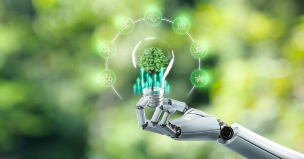 Uma mão robótica segurando uma lâmpada com uma árvore dentro, simbolizando inovação tecnológica e sustentabilidade. Ao redor da lâmpada, ícones verdes representam conceitos ESG, como reciclagem, redução de CO₂, energia limpa e metas de emissões zero (ESG, ambiental, sustentabilidade, inteligência artificial, ia, Positivo, Brasil, clima)