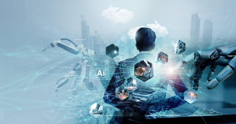 A imagem mostra um executivo de terno visto de costas, observando um cenário futurista com representações digitais de inteligência artificial (IA), robótica e tecnologia avançada. Ao fundo, uma cidade moderna aparece levemente desfocada. Elementos gráficos, como conexões em rede, hexágonos com imagens de tecnologia e o termo "AI" (inteligência artificial), estão sobrepostos à cena, destacando inovações e tendências tecnológicas. Braços robóticos e uma mão mecânica simbolizam a automação e a interação entre humanos e máquinas no futuro corporativo (executivo, futuro, tendências, CEOs, empresa, gartner, CIO, Forrester) CEO's executivos