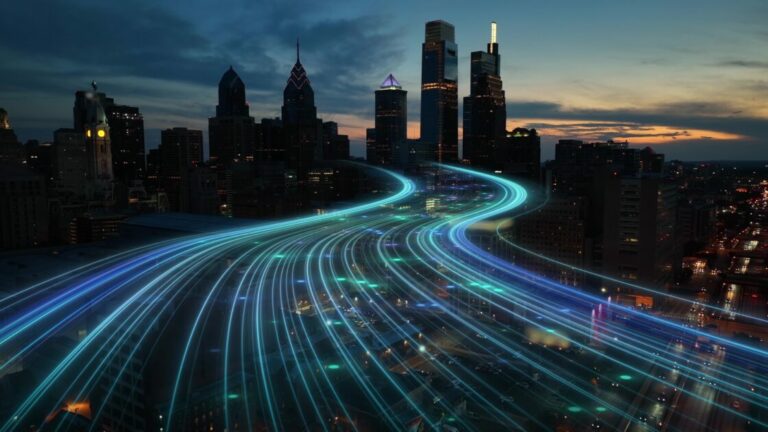 Vista noturna de uma cidade moderna com prédios altos ao fundo, destacando-se por trilhas luminosas de luz azul e verde que representam conexões digitais ou fluxo de dados, criando uma atmosfera futurista e tecnológica, cidade inteligente, neocidades