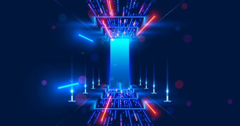A ilustração apresenta um portal futurista brilhante com tons predominantes de azul neon e detalhes em vermelho. No centro, uma estrutura vertical semelhante a um portal ou passagem luminosa emana luz intensa e tecnológica. O chão e o teto estão decorados com padrões digitais formados por pontos de luz, que criam uma sensação tridimensional e de profundidade. Ao redor, pequenas torres luminosas azuis estão alinhadas como se fossem indicadores ou dispositivos energéticos. Linhas de luz adicionais cortam o espaço, reforçando o visual futurista. O fundo é escuro, destacando ainda mais o efeito vibrante e tecnológico da cena (crescer, data center)