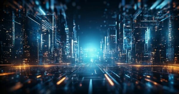 A imagem apresenta uma paisagem tecnológica futurista com um ambiente urbano digitalizado. A cena é composta por linhas luminosas, fachadas e estruturas translúcidas que remetem a prédios e infraestrutura de uma cidade inteligente. A paleta de cores predominantemente azul, com toques de luzes alaranjadas, cria uma sensação de modernidade e dinamismo. No centro da imagem, uma luz intensa parece indicar um ponto de convergência ou inovação, sugerindo temas relacionados à tecnologia avançada, conectividade e transformação digital no setor energético ou urbano (consumo energia)