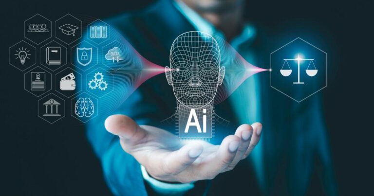 Imagem de uma mão estendida segurando uma representação digital de inteligência artificial (IA), com um rosto de malha 3D ao centro e ícones flutuantes ao redor. Os ícones simbolizam justiça, privacidade, proteção de dados, educação, governança e inovação tecnológica. A balança representa a conexão da IA com questões legais e éticas, enquanto outros ícones destacam suas aplicações práticas em diversos setores, marco regulatório (tendências, pesquisa, cisco)