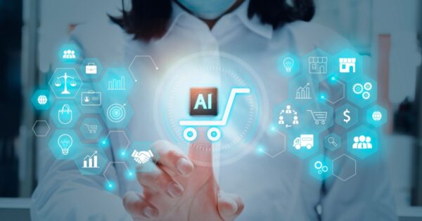 Pessoa interagindo com uma interface digital representando tecnologia e inteligência artificial (IA) no comércio. No centro, um ícone de um carrinho de compras com o texto "AI" e ao redor vários ícones hexagonais, como gráficos, cadeado, balança, engrenagens e caminhão, simbolizando diversos aspectos do varejo, logística e tecnologia. O fundo é desfocado, destacando os elementos digitais brilhantes em azul (varejo, vendas, comercio, ai, ia, genai, Capgemini, Microsoft, freshworks, varejo)
