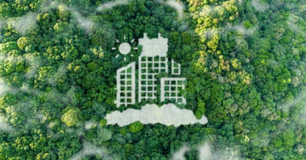 Uma floresta densa e verde vista de cima, com algumas nuvens espalhadas. No centro, há um design digital de edifícios urbanos desenhado na vegetação, simbolizando sustentabilidade e cidades ecológicas. Acima dos edifícios, há um sol e nuvens, reforçando a ideia de equilíbrio entre urbanização e natureza.