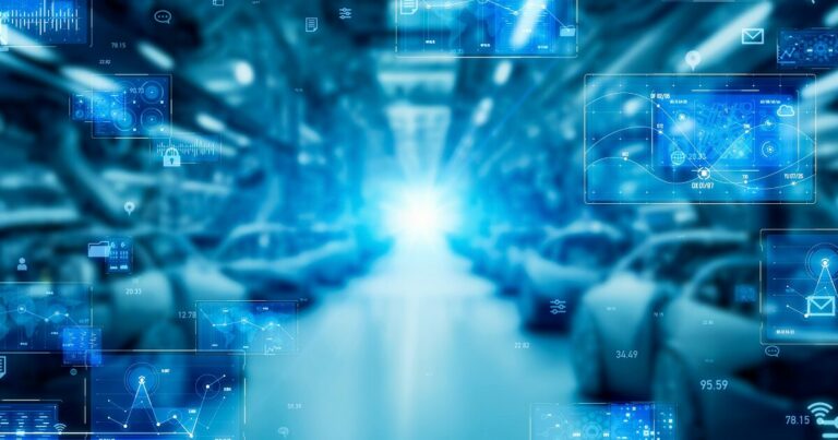 A imagem retrata uma linha de produção automotiva com um efeito futurista, destacando carros em fabricação em um ambiente industrial azul brilhante. Sobre a cena, há elementos gráficos transparentes representando dados digitais, gráficos, mapas, sensores e ícones tecnológicos, revelando conceitos como indústria 4.0, automação, inteligência artificial e paraná (Fortinet)
