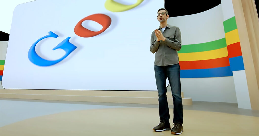 Sundar Pichai, CEO do Google, fala durante a conferência Google I/O 2024, realizada em 14 de maio do ano passado (Imagem: Reprodução)