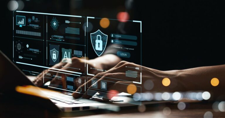 Imagem de um profissional digitando em um laptop, com elementos gráficos digitais sobrepostos, representando conceitos de cibersegurança, inteligência artificial (IA) e proteção de dados. Os gráficos incluem um escudo com um cadeado, campos de login e diversas interfaces digitais, simbolizando segurança da informação e autenticação online (Brasil, ciso, cso, segurança, cibersegurança, digital, phishing, funcionários, Parceria, banco)