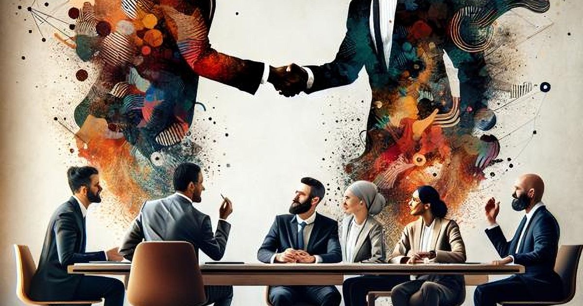 Uma equipe de seis pessoas está reunida em torno de uma mesa de conferência, vestindo trajes formais de negócios. Eles parecem engajados em uma discussão profissional. Acima deles, uma ilustração abstrata e colorida representa duas figuras de terno apertando as mãos, simbolizando um acordo ou parceria. A arte combina elementos modernos e dinâmicos, com traços vibrantes e formas geométricas, transmitindo um senso de criatividade e colaboração (Skyone)