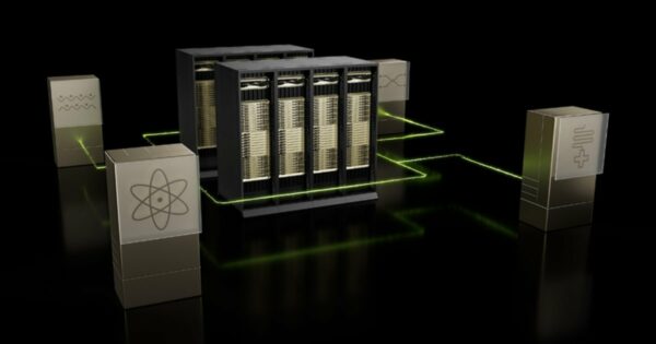 Ilustração conceitual de um sistema de computação quântica da NVIDIA. No centro, há um conjunto de servidores de alta performance conectados a quatro unidades externas por meio de linhas luminosas verdes, representando a interconexão de dados. Cada unidade possui um símbolo diferente, incluindo um átomo e sinais eletrônicos, sugerindo aplicações em ciência, tecnologia e pesquisa. (computacao quantica, nvidia, centro de pesquisa)