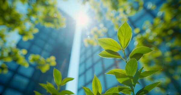Imagem mostrando uma planta verde com folhas iluminadas pela luz solar, em primeiro plano, destacando o conceito de sustentabilidade ou meio ambiente. Ao fundo, em desfoque, aparecem prédios altos com fachadas de vidro refletindo a luz do sol, sugerindo a ideia de integração entre a natureza e a arquitetura urbana moderna (negócios, impacto ambiental, projetos)