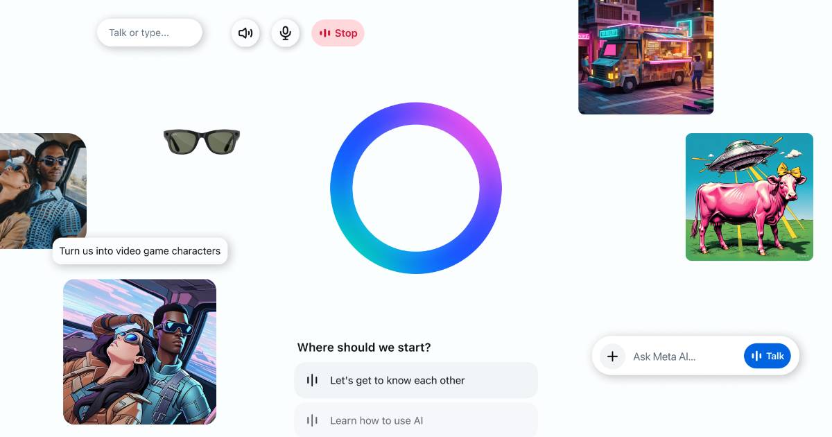 Imagem com interface do Meta AI exibindo um círculo colorido central em tons de azul, roxo e rosa, indicando atividade de escuta ou interação. Ao redor do círculo, há vários elementos gráficos: no canto superior esquerdo, um casal posando em um carro com a legenda "Turn us into video game characters" e abaixo, uma versão estilizada dos dois como personagens de videogame. No centro superior, há um par de óculos escuros. No canto superior direito, aparece uma cena urbana noturna com um food truck iluminado. No canto inferior direito, uma ilustração colorida de uma vaca rosa com laço amarelo sendo abduzida por um disco voador. Na parte inferior da imagem, há opções de interação com textos como "Where should we start?", "Let's get to know each other", "Learn how to use AI" e o botão “Ask Meta AI” com opção de “Talk”. A imagem demonstra as capacidades criativas e interativas do assistente de IA da Meta