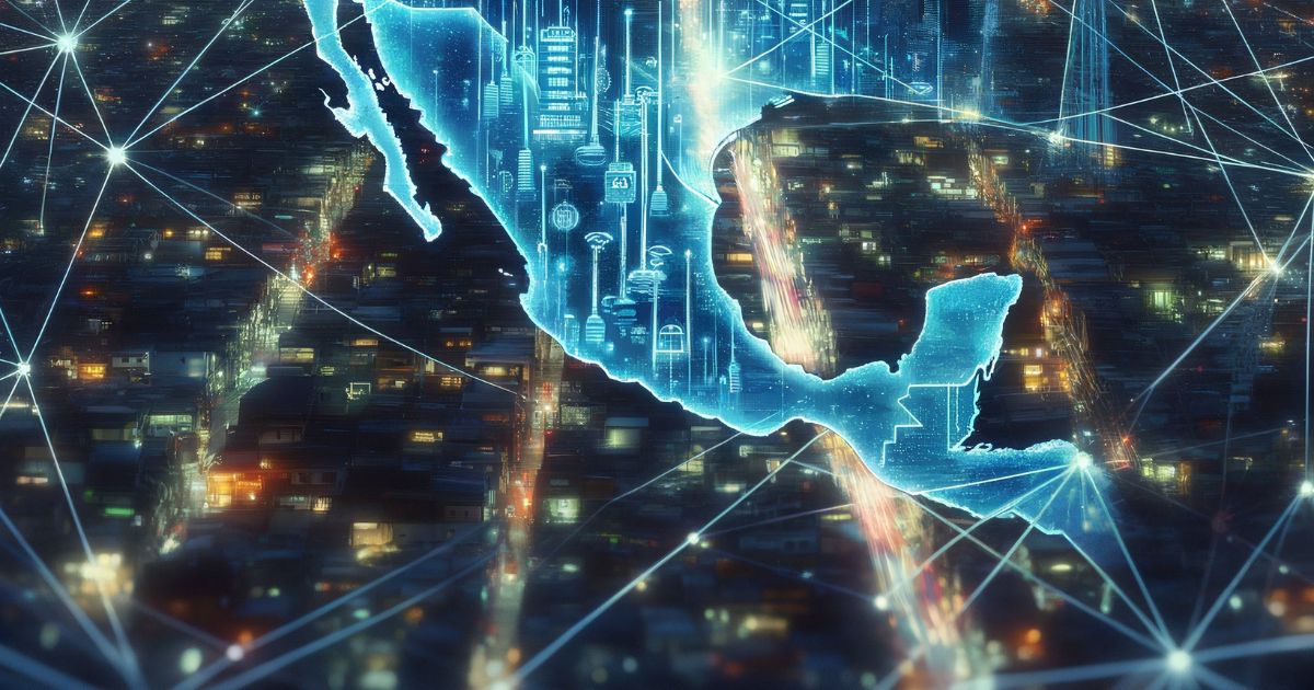Ilustração futurista mostrando o mapa do México e América Central em tons de azul claro, com linhas digitais e ícones tecnológicos representando conectividade e inovação. O fundo mostra uma cidade noturna vista de cima, com luzes e edifícios, cruzada por uma rede de ligações digitais que se estendem pelo mapa (Hiperstream, cgi)