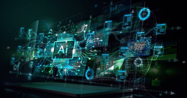 Ilustração conceitual de inteligência artificial (IA), com um chip central destacado com a sigla "AI" conectado a diversos circuitos e ícones digitais de documentos e dados. Ao fundo, o contorno de um rosto humano em estilo digital e elementos gráficos representando tecnologia, dados e conectividade. A imagem transmite a ideia de processamento de informações e automação através da inteligência artificial (dados, ia, inteligencia artificial, data, integração, integridade, empresas, data, produtividade, gartner, integra) (Singapura)