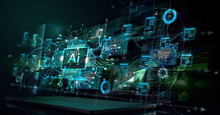 Ilustração conceitual de inteligência artificial (IA), com um chip central destacado com a sigla "AI" conectado a diversos circuitos e ícones digitais de documentos e dados. Ao fundo, o contorno de um rosto humano em estilo digital e elementos gráficos representando tecnologia, dados e conectividade. A imagem transmite a ideia de processamento de informações e automação através da inteligência artificial (dados, ia, inteligencia artificial, data, integração, integridade, empresas, data, produtividade, gartner, integra) (Singapura)