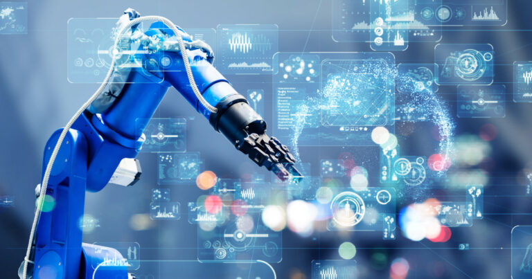 Braço robótico azul operando em um ambiente industrial altamente tecnológico, com diversas interfaces digitais e gráficos de dados flutuando ao redor, representando automação, inteligência artificial e integração com sistemas digitais em uma fábrica inteligente (futuro, industria, ia autônoma, edge, organizações) Schneider