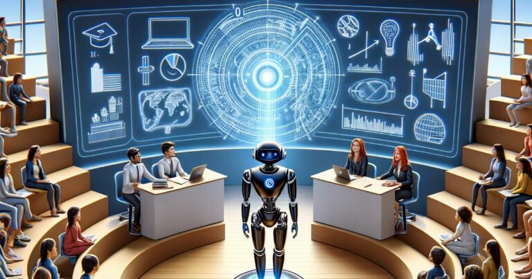 Imagem futurista de uma sala de aula em formato de anfiteatro, com vários estudantes sentados em degraus, atentos a uma apresentação tecnológica. Ao centro está um robo com aparência humanoide e acabamento metálico brilhante, de frente para um grande ecrã digital. No ecrã, são projetados gráficos, mapas, ícones de tecnologia e dados científicos. À frente do robô, há duas mesas com estudantes a trabalhar em computadores portáteis, dois à esquerda e duas à direita. A atmosfera da imagem transmite um ambiente educacional moderno com integração avançada de inteligência artificial, humanos