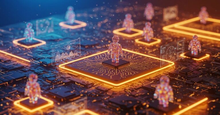Representação digital futurista de uma rede de inteligência artificial. Pequenas figuras humanoides translúcidas, com padrões luminosos multicoloridos, estão posicionadas sobre placas de circuito iluminadas por molduras retangulares alaranjadas. Estas plataformas estão interligadas num padrão de rede sobre um fundo escuro com detalhes eletrónicos. Painéis flutuantes com gráficos, dados e visualizações digitais acompanham algumas das figuras, evocando um ambiente de tecnologia avançada e interconectividade. (Salesforce)