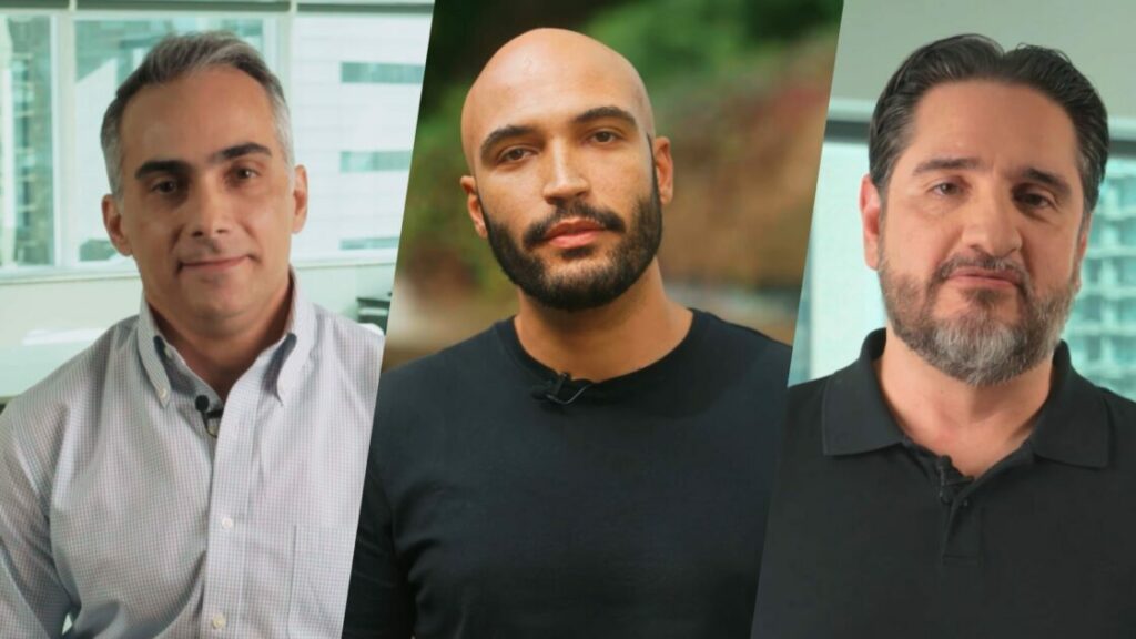 Foto: Rodrigo Frizzi, CEO da BRQ; Robson Martinho, Head Sênior de Produtos Digitais e IA Generativa do Santander Brasil; e Alexandre Paiva, Executivo de Vendas para o Setor de Serviços Financeiros da AWS