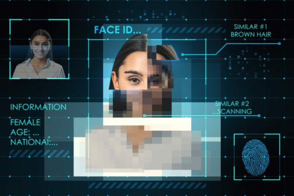 Imagem de um sistema de reconhecimento facial digital com análise de identidade, incluindo detalhes de uma mulher com cabelo castanho, usando tecnologia de segurança, voz