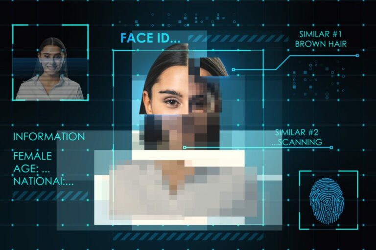 Imagem de um sistema de reconhecimento facial digital com análise de identidade, incluindo detalhes de uma mulher com cabelo castanho, usando tecnologia de segurança, voz