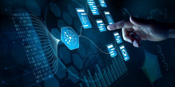 Imagem futurista de tecnologia digital com uma mão interagindo com um painel holográfico de interfaces de dados e gráficos, brasscom