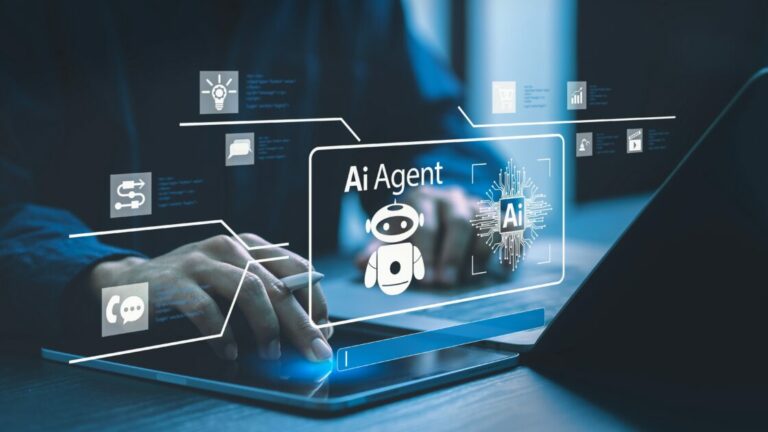 Imagem de um assistente de inteligência artificial interagindo com uma interface digital holográfica, destacando tecnologia de AI Agent para automação e inovação digital, agentes