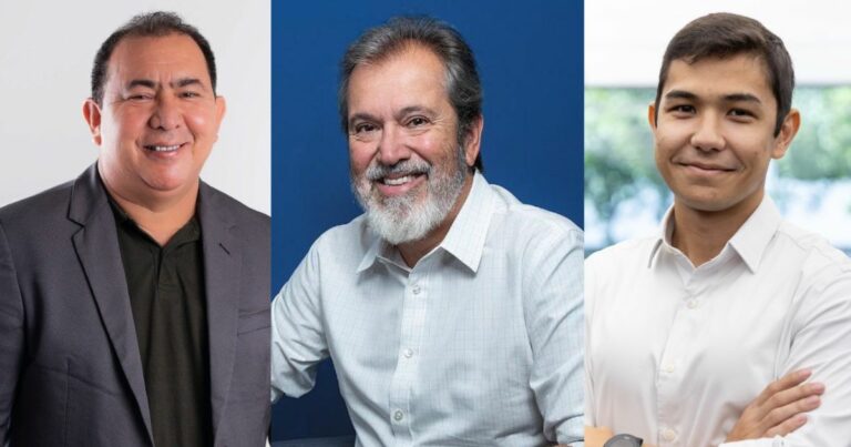 Montagem com três retratos lado a lado. À esquerda, homem de cabelos curtos e escuros, pele clara, vestindo blazer cinza escuro sobre camisa preta, sorrindo. No centro, homem de cabelos grisalhos e barba branca, usando camisa social branca, sorrindo diante de um fundo azul. À direita, jovem de cabelos curtos e castanhos, pele clara, vestindo camisa branca, sorrindo levemente com os braços cruzados diante de um fundo desfocado com vegetação. (unicórnio) (startup)
