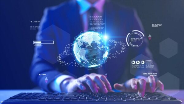 Imagem de um profissional de terno interagindo com uma interface digital avançada que exibe o planeta Terra e elementos de tecnologia, destacando inovação e tecnologia, gartner