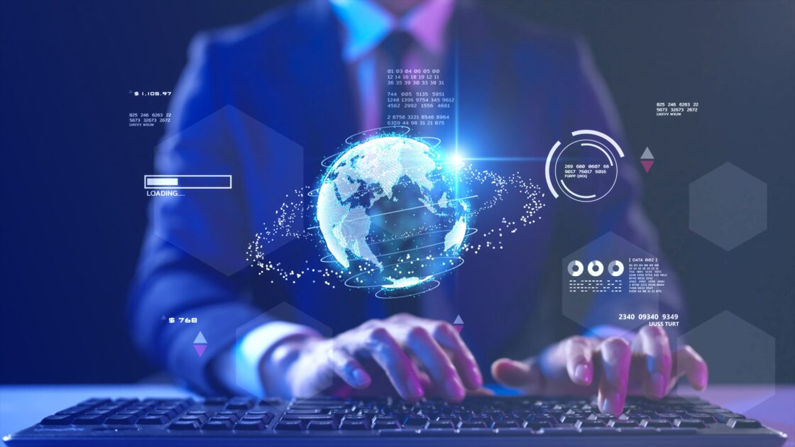 Imagem de um profissional de terno interagindo com uma interface digital avançada que exibe o planeta Terra e elementos de tecnologia, destacando inovação e tecnologia, gartner