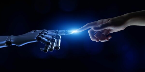 Inteligência artificial e tecnologia futurista representada por uma mão robótica tocando o dedo de uma mão humana, simbolizando a conexão entre humanos e máquinas, filosofia, empresas