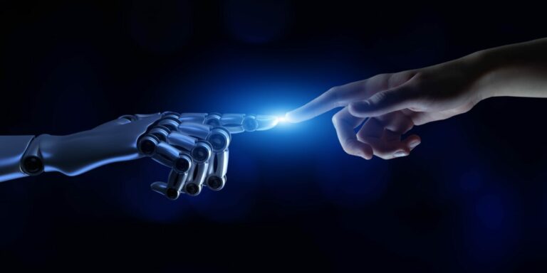 Inteligência artificial e tecnologia futurista representada por uma mão robótica tocando o dedo de uma mão humana, simbolizando a conexão entre humanos e máquinas, filosofia, empresas