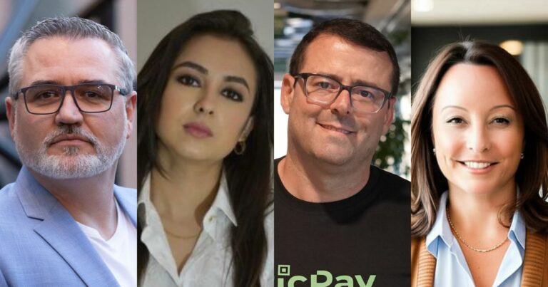 Imagem com montagem de quatro retratos lado a lado, mostrando os executivos: Robertson Kieling, CIO da Sou, vestindo blazer azul claro e óculos; Nayara Deps Almeida, head de tecnologia e inovação da Smarkets, com cabelo solto e camisa branca; André Tonelini, novo responsável pela unidade de cartões da PicPay, usando camiseta preta com logo da empresa e óculos; e Michelle Graff, vice-presidente sênior de parceiros e canais globais da Commvault, sorridente, com blazer marrom claro sobre camisa azul.