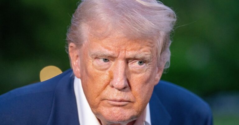 Presidente dos Estados Unidos, Donald Trump, de cabelos claros veste um blazer azul escuro sobre uma camisa branca. O fundo está desfocado, revelando vegetação e luzes em bokeh. O rosto da pessoa foi propositalmente desfocado, tornando-a não identificável.