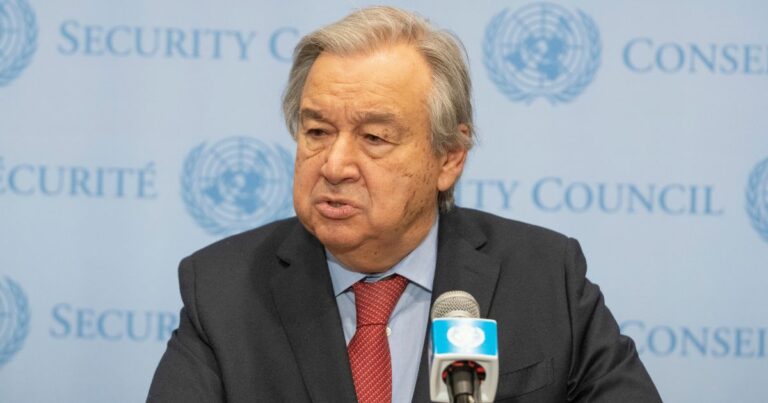 Uma pessoa vestida formalmente com terno escuro, camisa azul clara e gravata vermelha está posicionada diante de um microfone que exibe o logotipo da ONU. Ao fundo, vê-se um painel azul claro com os dizeres "SECURITY COUNCIL" e "CONSEIL DE SÉCURITÉ", acompanhados por múltiplas repetições do emblema das Nações Unidas.