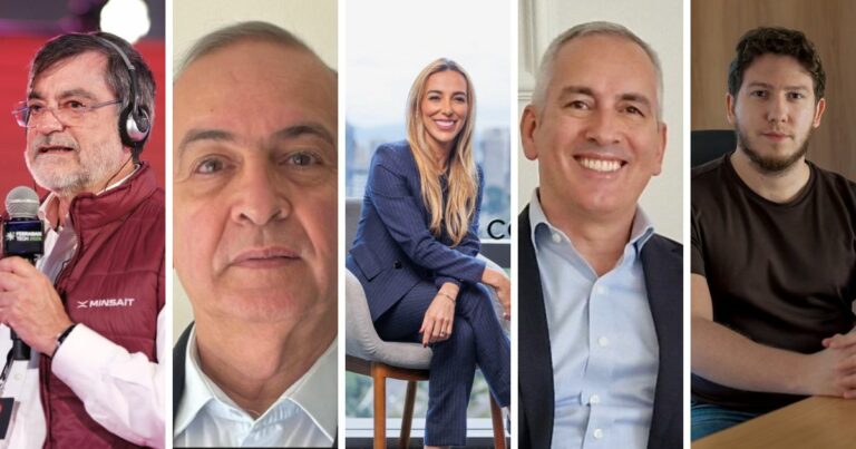 A imagem apresenta cinco indivíduos em diferentes contextos. A primeira pessoa veste um colete vermelho com o logotipo da "MINSAIT" e segura um microfone, sugerindo uma situação de entrevista ou apresentação. A segunda pessoa aparece com uma camisa branca, em um ambiente neutro. A terceira é uma mulher loira de cabelos longos, sentada em uma cadeira, usando um terno azul escuro, transmitindo uma aparência profissional. A quarta pessoa está vestida com uma camisa azul clara e um blazer escuro, também em um cenário corporativo. A quinta pessoa usa uma camiseta marrom e está sentada à mesa com os braços cruzados, em uma postura mais descontraída. (IT Forum Praia do Forte 2025)