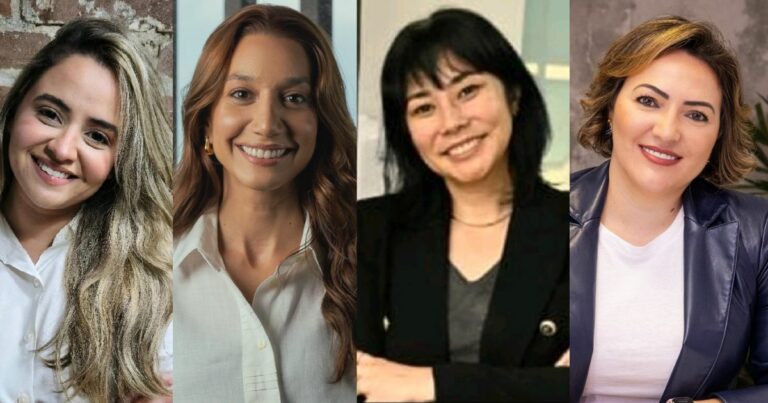 Quatro mulheres aparecem na imagem, com os rostos desfocados. Cada uma está vestida de forma distinta, variando entre trajes casuais e roupas mais formais. O fundo de cada pessoa é diferente, sugerindo que estão em locais distintos. (startups)