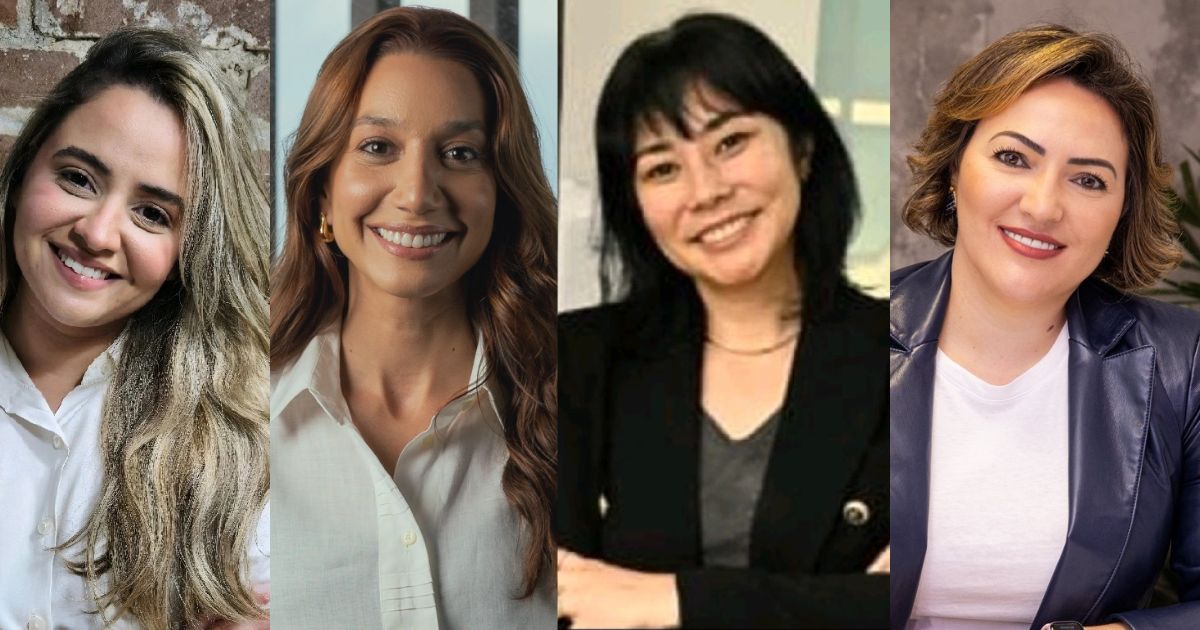 Quatro mulheres aparecem na imagem, com os rostos desfocados. Cada uma está vestida de forma distinta, variando entre trajes casuais e roupas mais formais. O fundo de cada pessoa é diferente, sugerindo que estão em locais distintos. (startups)