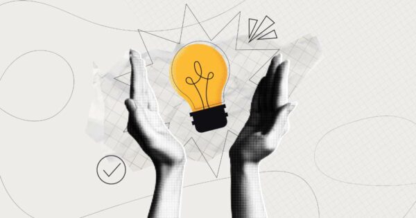 Marketing: Ilustração com fundo claro e elementos gráficos abstratos, mostrando duas mãos em estilo pontilhado segurando ou protegendo uma lâmpada amarela, simbolizando uma ideia ou criatividade. Ao redor da lâmpada há linhas que remetem a brilho ou destaque, reforçando o conceito de inspiração ou inovação (agentes, gen, agentes de IA, grandes)