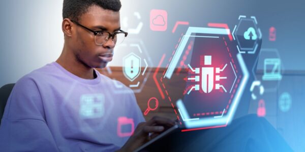 Pessoa usando um tablet com sobreposição de ícones de segurança digital, proteção contra hackers e tecnologia de cibersegurança, simbolizando combate a ameaças e ataques cibernéticos. inexperiencia