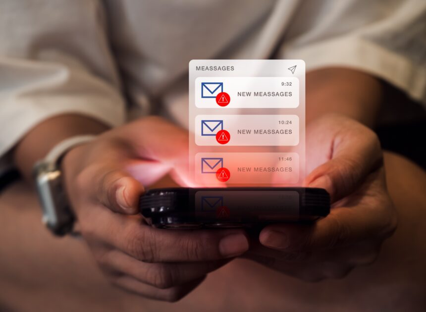 Pessoa recebendo várias notificações de mensagens de texto no celular, com alertas vermelhos indicando mensagens novas e importantes. operação