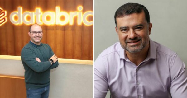Foto lado a lado de dois executivos da Databricks: à esquerda, Marcos Grilanda, vice-presidente e gerente-geral da Databricks para a América Latina, em pé de braços cruzados diante de uma parede com o logotipo iluminado da empresa; à direita, Ricardo Buffon, country manager da Databricks no Brasil, sorrindo e vestindo camisa social lilás em frente a um fundo neutro.