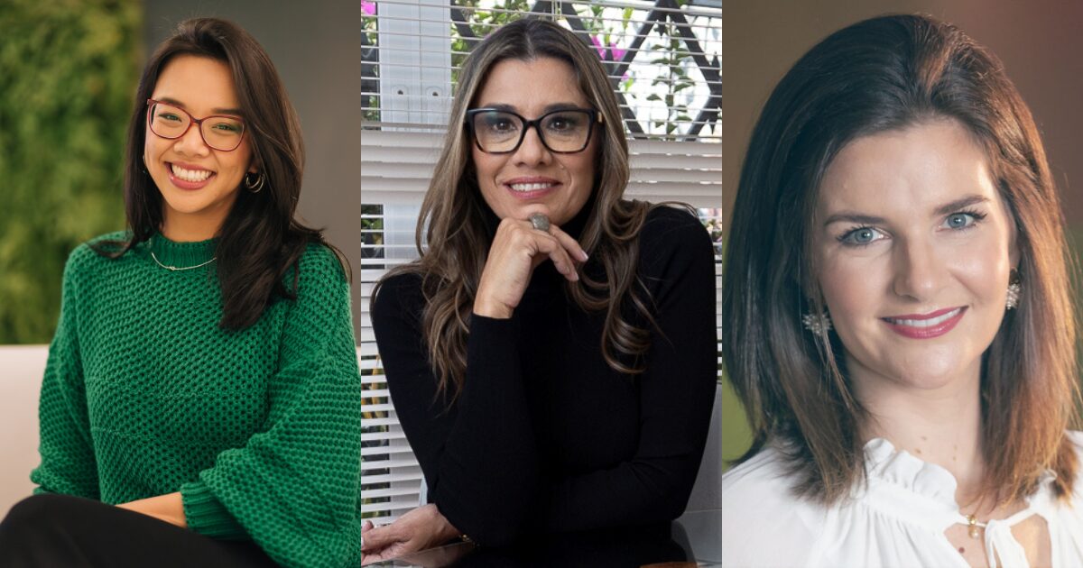 Três mulheres posam para fotos em retratos individuais, reunidos lado a lado. À esquerda, Iana Chan veste um suéter verde e óculos de armação vermelha, sorrindo. Ao centro, Sylvia Bellio usa blusa preta de manga longa e óculos de grau, apoiando o queixo na mão. À direita, Marta Saft veste blusa branca, tem cabelos castanhos lisos na altura dos ombros e sorri levemente. (diversidade, tecnologia)