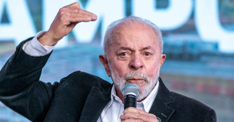 Uma pessoa está falando ao microfone, com uma das mãos levantada em gesto expressivo e a outra segurando o microfone. O fundo apresenta texto grande e branco, desfocado. O rosto da pessoa está propositalmente borrado, dificultando a identificação. (Lula, redes sociais)